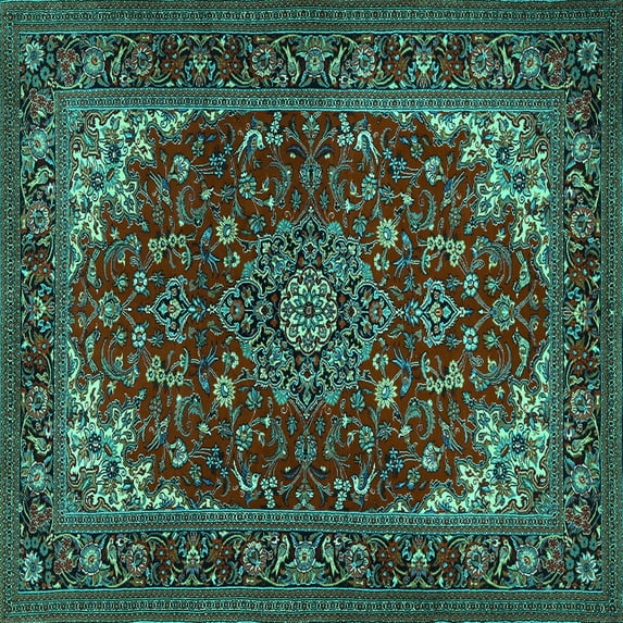 Ahgly Company Machine Washable Indoor Square Medallion Turquoise Blue Traditional Area Rugs, 8' Square