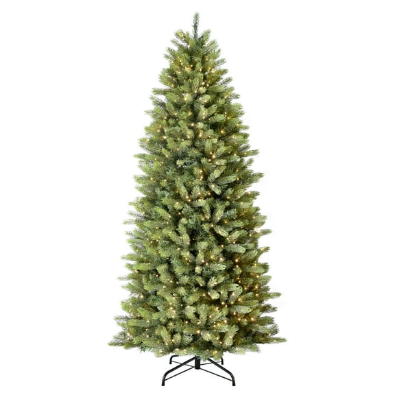 Puleo International 7.5' Pre-Lit Artificial Kensington Fir Slim Tree with 900 Dual-Color LED Lights and a Fresh Christmas Tree Scent Dispenser