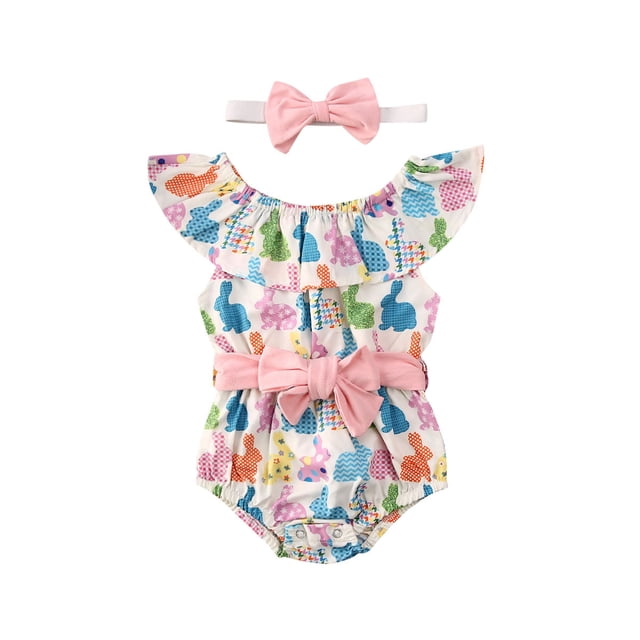 ITFABS Combinaison d'Été pour Bébé Fille Bandeau Imprimé Rabbit Sans Manches en Dentelle