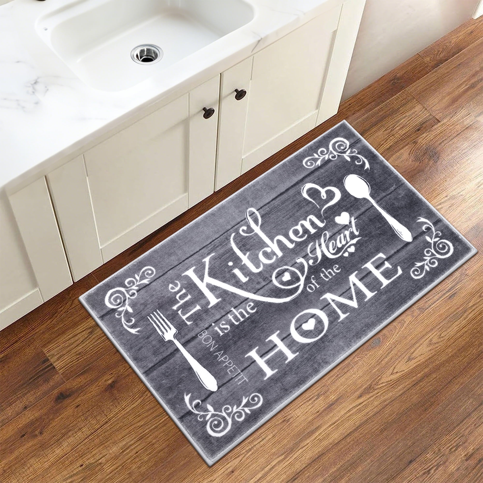 MeyJey Farmhouse Kitchen Rug Set, 3 Piece Non-Slip Kitchen Mat Machine Washable Runner Rug for Home Floor and Living Room, Dark Gray