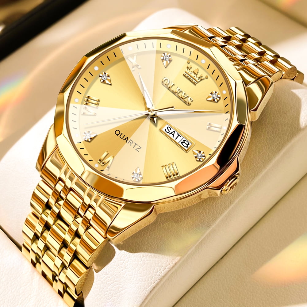 Olevs Watch for Men Diamond Business Dress Analog Quartz Stainless Steel Waterproof Luminous Date Two Tone Luxury Casual Wrist Watch
