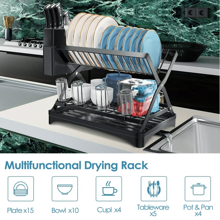 Madala Dish Rack for Kitchen Counter, 2 Tier Dish Rack and Dish Drainer for  Kitchen Organizer, Dish Drying Rack Dish Dryer with Detachable Cup Rack and  Utensil Holder, X-Shaped Collapsible Dish Racks 