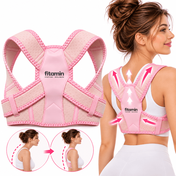 Fitamin Posture Corrector for Women and Men, Adjustable Upper Back Brace for Hunchback, Scoliosis, and Spine Support, Breathable Shoulder Straightener, Pink (S/M)