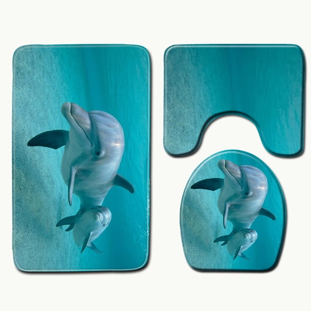 Juego de alfombrillas para baño con diseño de delfín y océano en 3D, antideslizantes
