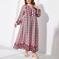 thumbnail image 1 of Ovzne Robes pour Femmes Robe pour Femme Mode Grande Taille Style Ethnique Imprimé Col Rond Manches Longues Dentelle Taille Grand Ourlet Robe d'Été Manches Longues Imprimée Liquidation, 1 of 4