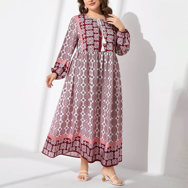 Ovzne Robes pour Femmes Robe pour Femme Mode Grande Taille Style Ethnique Imprimé Col Rond Manches Longues Dentelle Taille Grand Ourlet Robe d'Été Manches Longues Imprimée Liquidation
