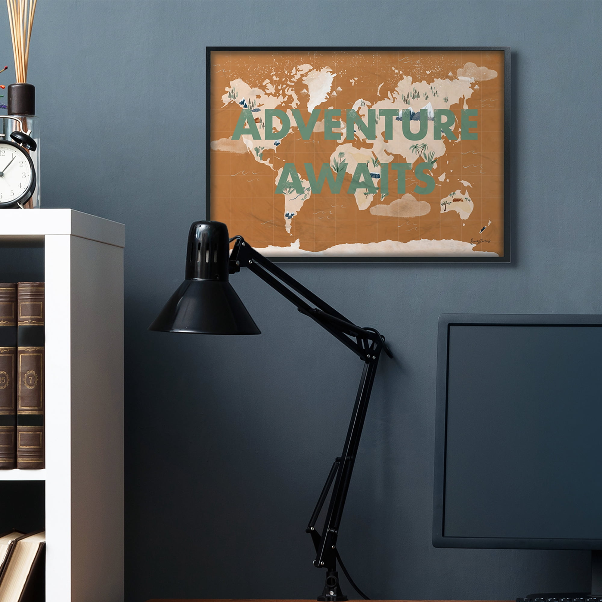Stupell Industries Tropical World Map Adventure Awaits Sentiments Black Framed by Becky Thorns