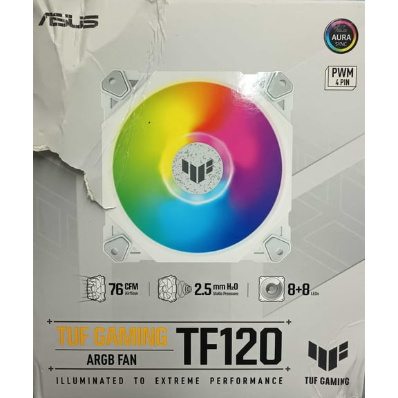 Pre-Owned ASUS TUF GAMING TF120 ARGB WHITE EDITION Chassis Fan 3-Pin Customizable LEDs Blade, Advanced Fluid Dynamic Bearing,120mm PWM Control, Anti-vibration Pads, Double-layer LED Array for Computer Case