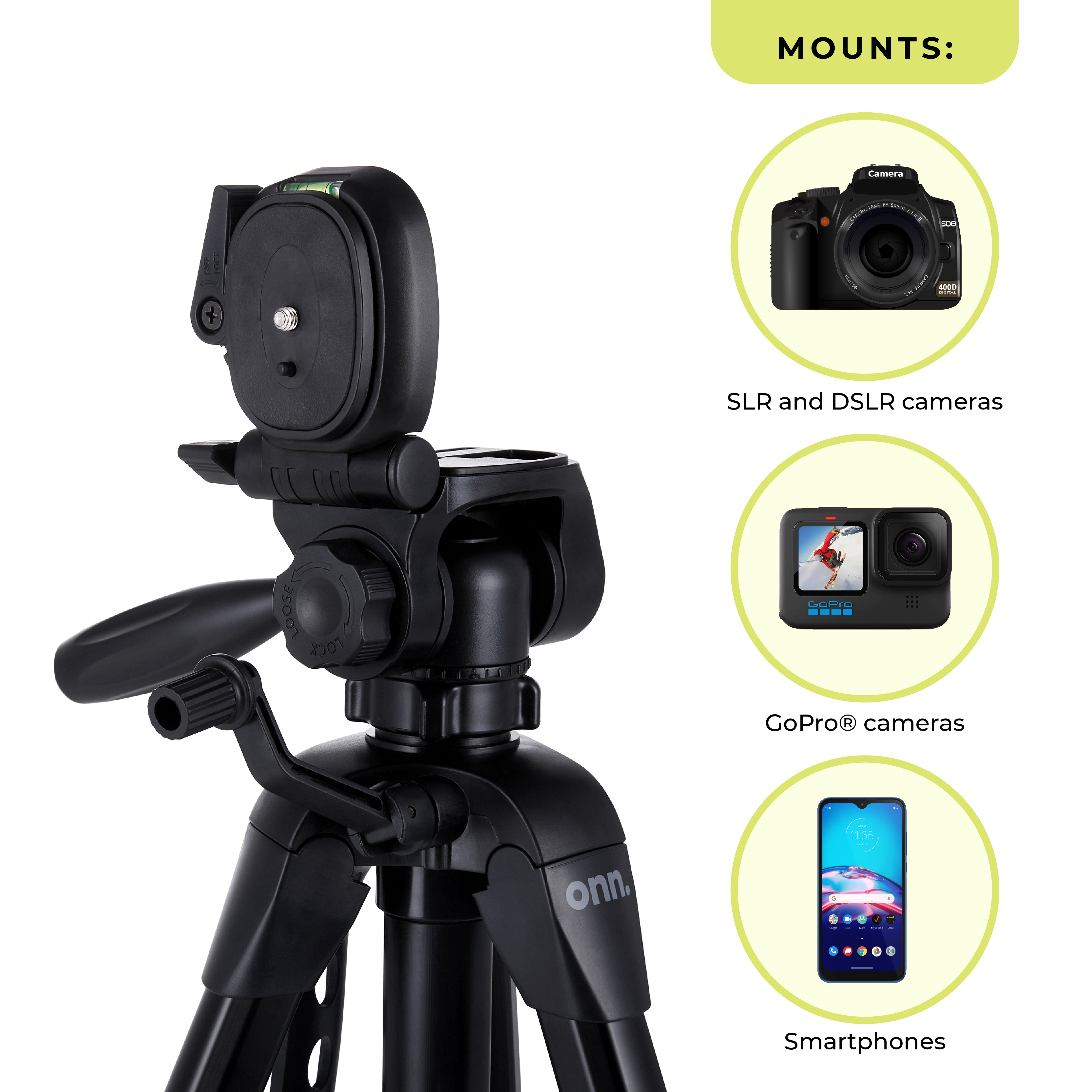 onn 67-Inch Tripod with Smartphone Cradle and GoPro Mount photo 3