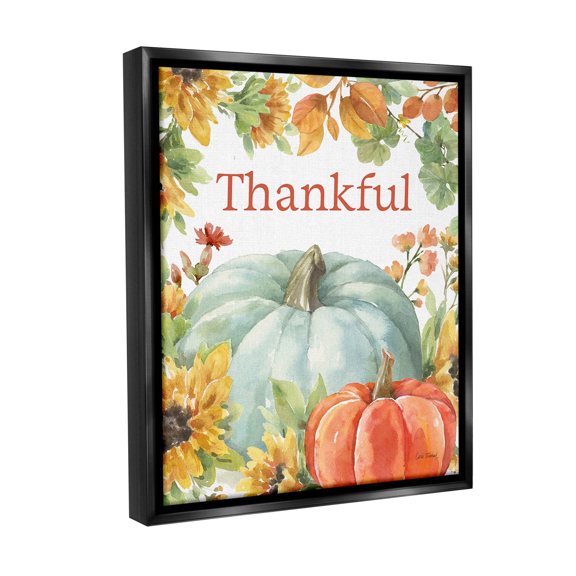 Stupell Industries Thankful with Fall Harvest Holiday Painting Black Floater Framed Canvas Art Print Wall Art, 25 x 31