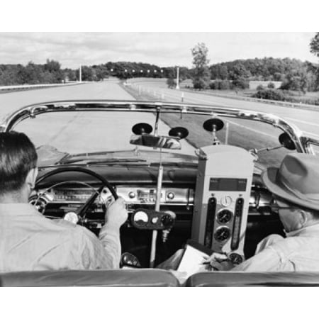 Rear view of two men driving a vintage car with equipment to measure the fuel consumption Canvas Art - (18 x 24)