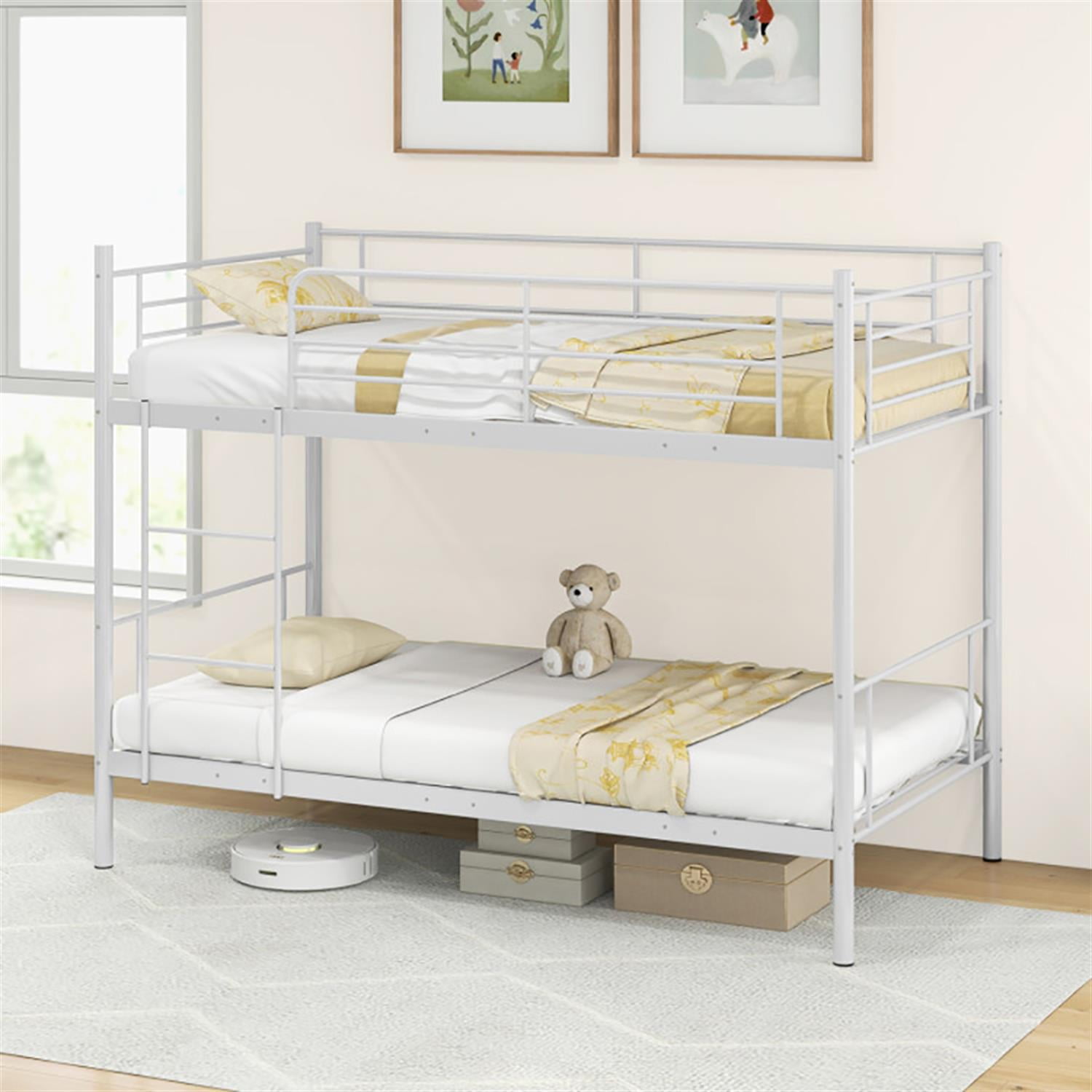 Demi Bonn Metal Bunk Bed Frame Twin Over Twin with Ladder and Full-length Guardrails, Heavy Duty Metal Bed Frame, White