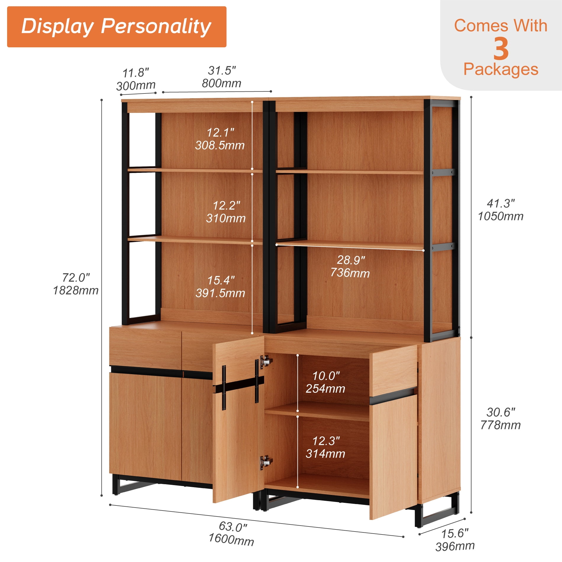 WAMPAT 2 PCS Modern 72" Tall Bookcases with Metal Base and Adjustable Shelves, Library Book Shelf with Storage Cabinet and Open Book Shelfs, Wood Bookshelves for Home Office, Living Room, Mocha