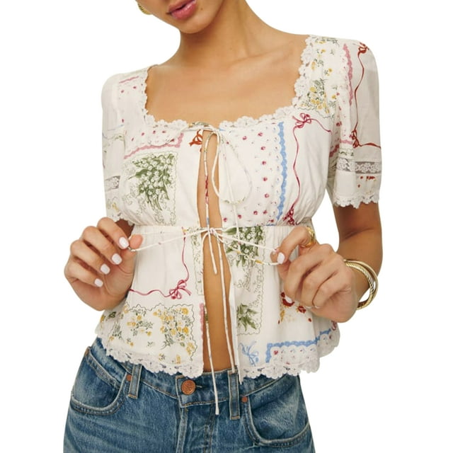 SUNSIOM Blouses Mode à Manches Courtes avec Imprimé Floral et Lacets pour Femmes, Tops d'Été Mode Urbaine