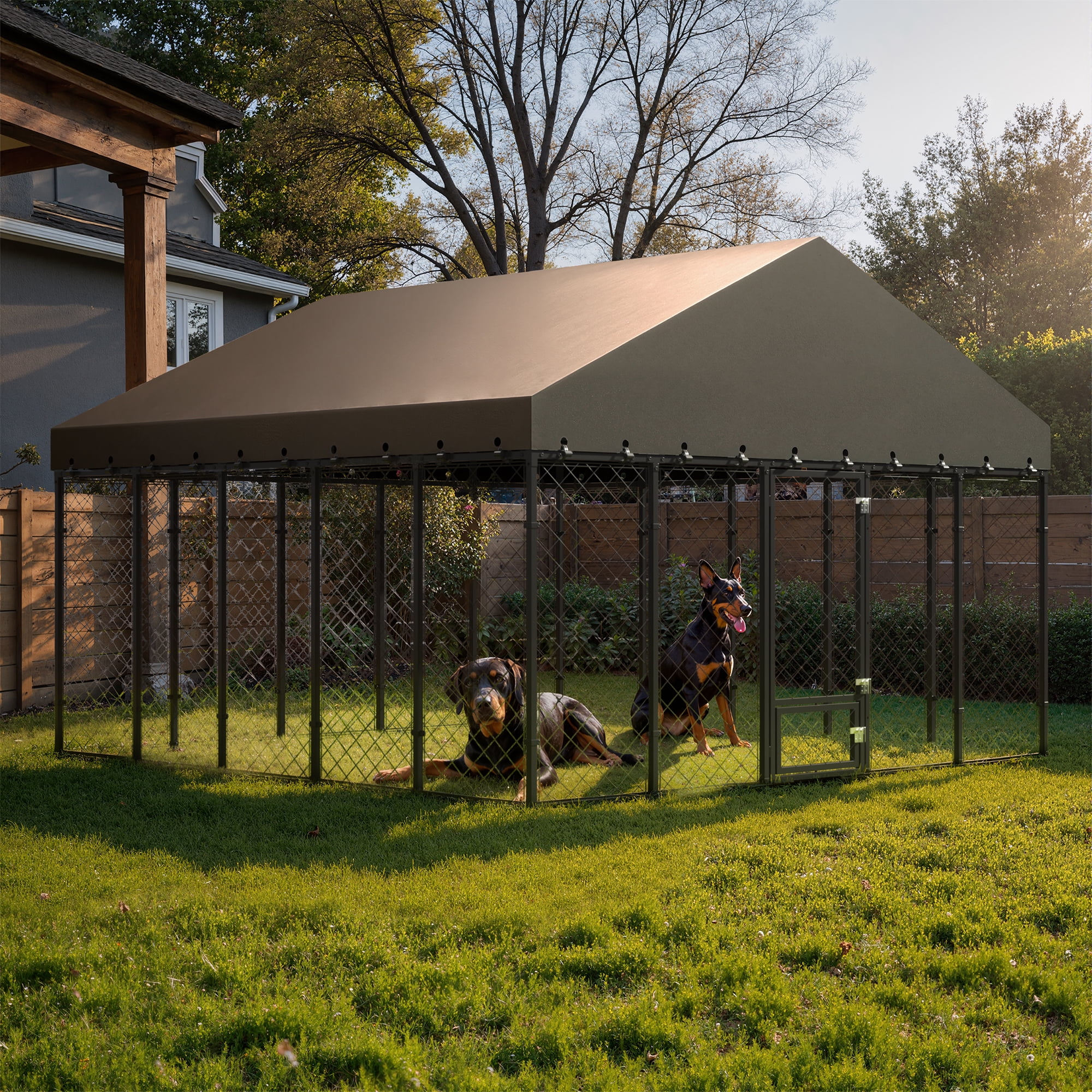 10×10 ft Heavy-Duty Outdoor Dog Kennel with Roof, Weather-Resistant Metal Enclosure with Double-Lock Door