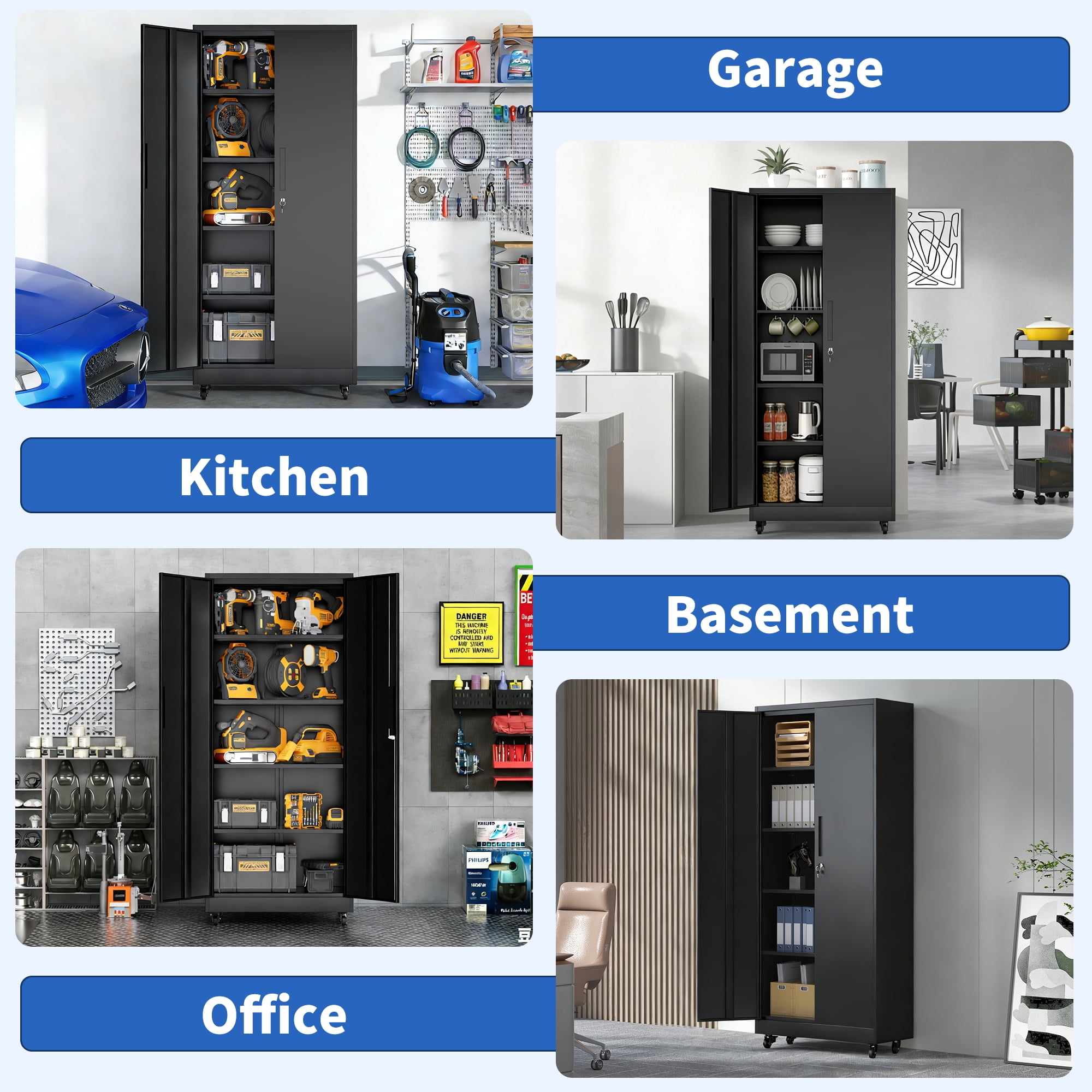 71"H Garage Storage Cabinet with Wheels and Lock, Heavy Duty Rolling Metal Cabinet, 4 Adjustable Shelves (180lb Each), 3-Point Locking Security, for Tool Organization in Garage, Workshop, Office