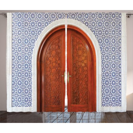 Moroccan Curtains 2 Panels Set, Antique Wooden Door Of Asian Moroccan Curtains 2 Panels Set, Antique Wooden Door of Asian Architecture with Star Form Oriental - Moroccan Curtains 2 Panels Set, Antique Wooden Door Of Asian