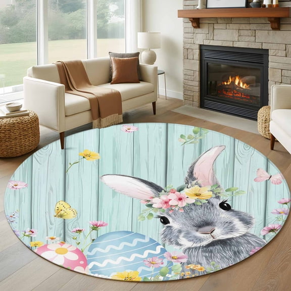 Easter Bunny Round Area Rug 8Ft Washable Large Circle Rugs for Living Room Dorm, Blue Easter Eggs Spring Floral Teal Wooden Non-Slip Carpet Floor Mats Indoor Outdoor Carpet Runner Home Decor