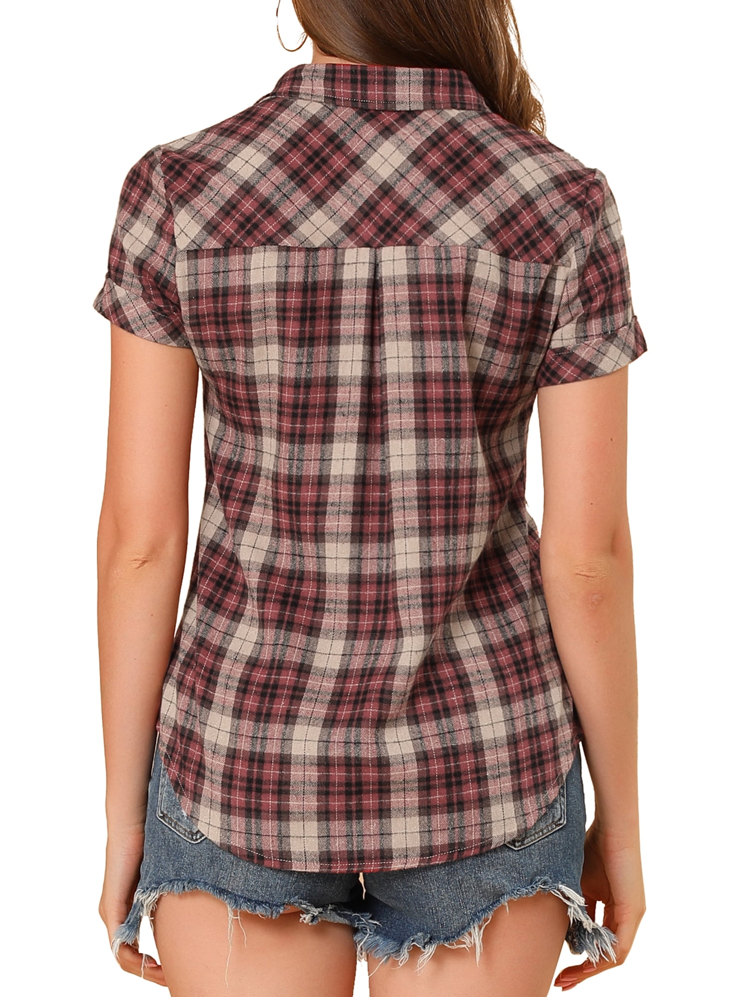 DARING DIVA Women's Casual Boyfriend Plaid Button Down Flannel Shirt M Beige Red