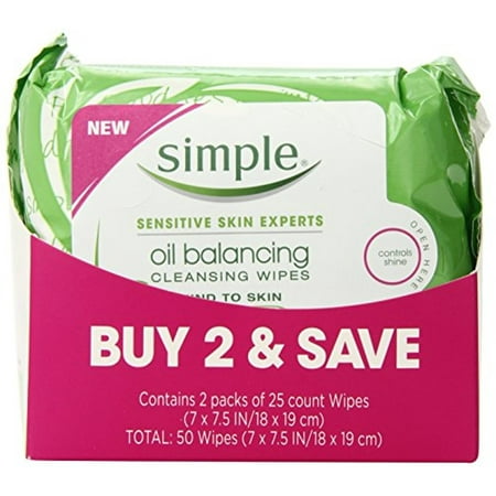 Simple Cleansing Facial Wipes, Oil Balancing 25 ct, Twin Pack