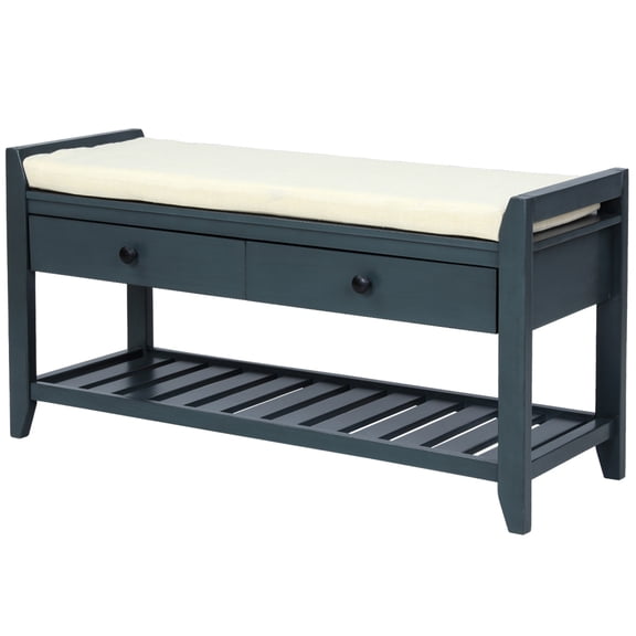 Shoe Bench, Entryway Storage Bench with Cushion Seating and Storage Drawers, Wood Shoe Bench with Bottom Shelf