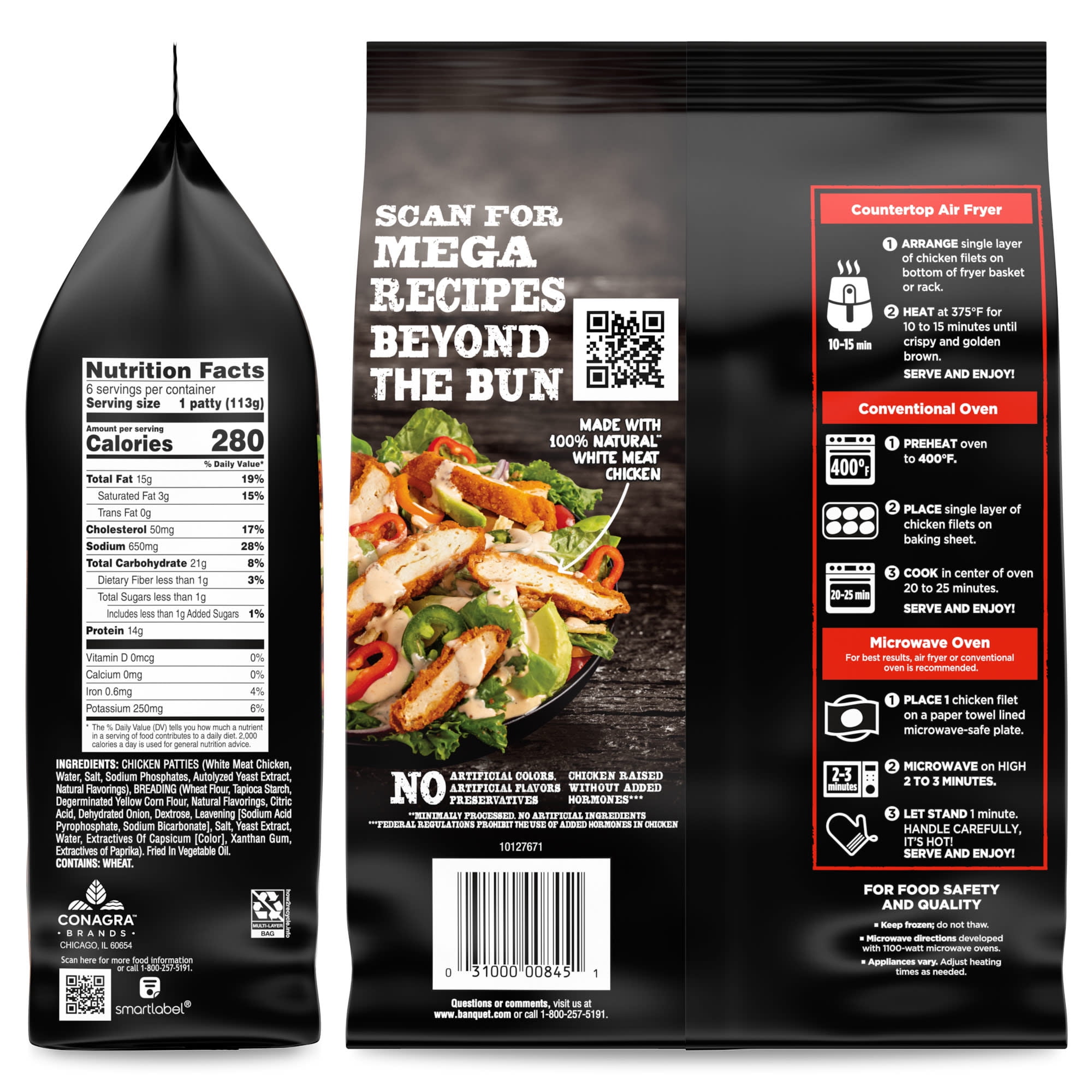 Banquet MEGA Filets Spicy Crispy Chicken Filets, 13g Protein per Serving, Frozen Meal, 24 oz., 6-Count