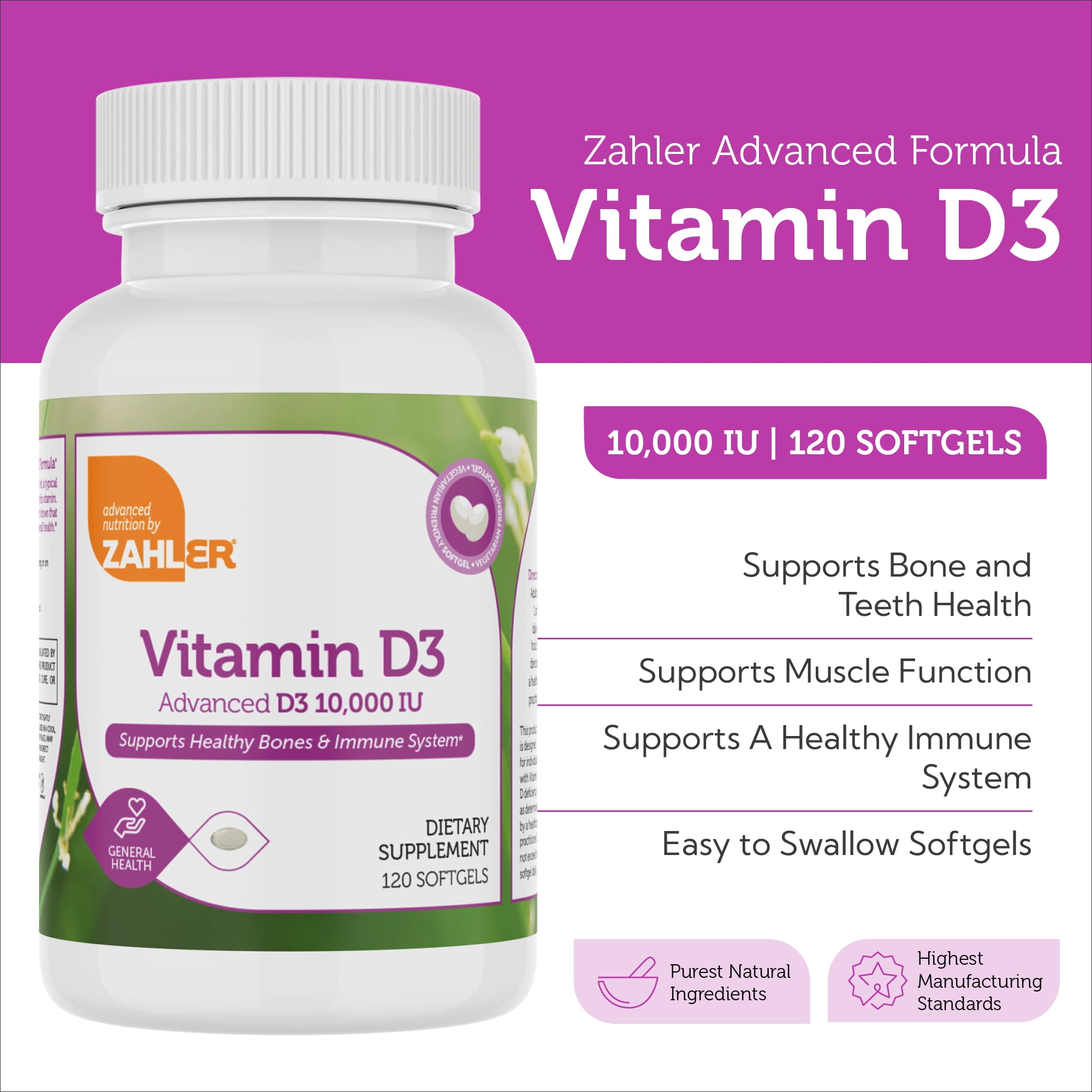 Zahler Vitamin D3 10,000 IU 250 mcg, 120 Softgels, Advanced D3 Formula, Immune Support, Vitamin D Supplement