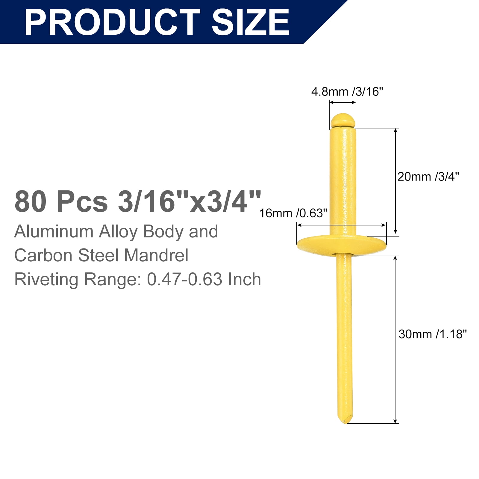 Uxcell 80Pcs 3/16"x3/4" Aluminum Blind Rivets, Large Flange Rivets Fasteners, Yellow