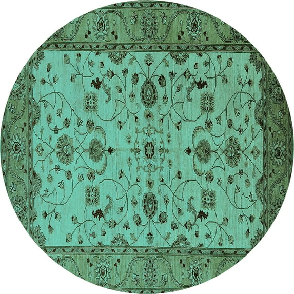 Ahgly Company Machine Washable Indoor Round Oriental Turquoise Blue Traditional Area Rugs, 4' Round