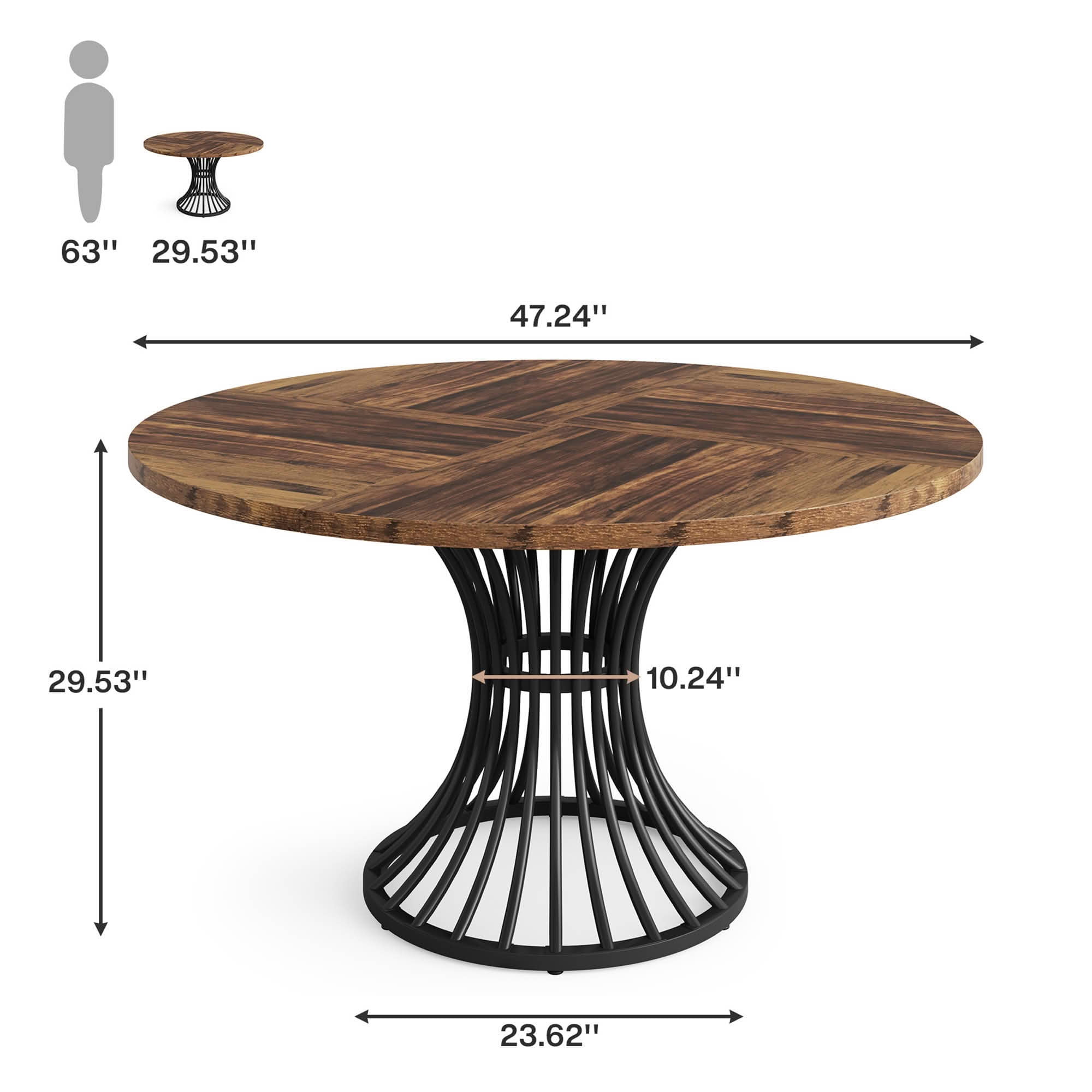 MAYEERTY 47" Round Hourglass Farmhouse Dining Table, MDF Top & Metal Base, 6-Person Versatile Table for Home & Cafe