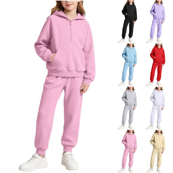 ZBSOKO Girls' Jogger Sets Half Zip Pullover Hoodie & Jogger Sweatpants 2 Piece Outfits Solid Color Casual Set with Pocket for Kids Teen 2-14 Years
