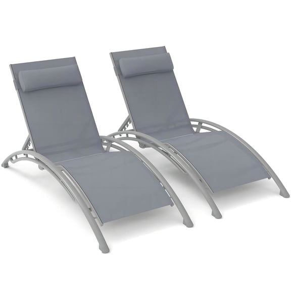 Patio Chaise Lounge - Gray, , Adjustable 2 Outdoor Chairs: Positions, Removable Pillow. Rustproof Aluminum Frame. Breathable . For Sunbathing, Poolside. Gray