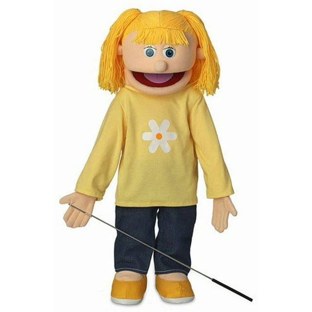 Katie, Peach Girl, full body ventriloquist style puppet measuring 25 inches tall, dressed in a yellow shirt with a white flower design, blue pants, and yellow shoes. Features an easy-to-move mouth and includes a metal arm control rod for hand movement. Lightweight and durable, ideal for puppet ministry, school performances, pretend play, and ventriloquist acts.
