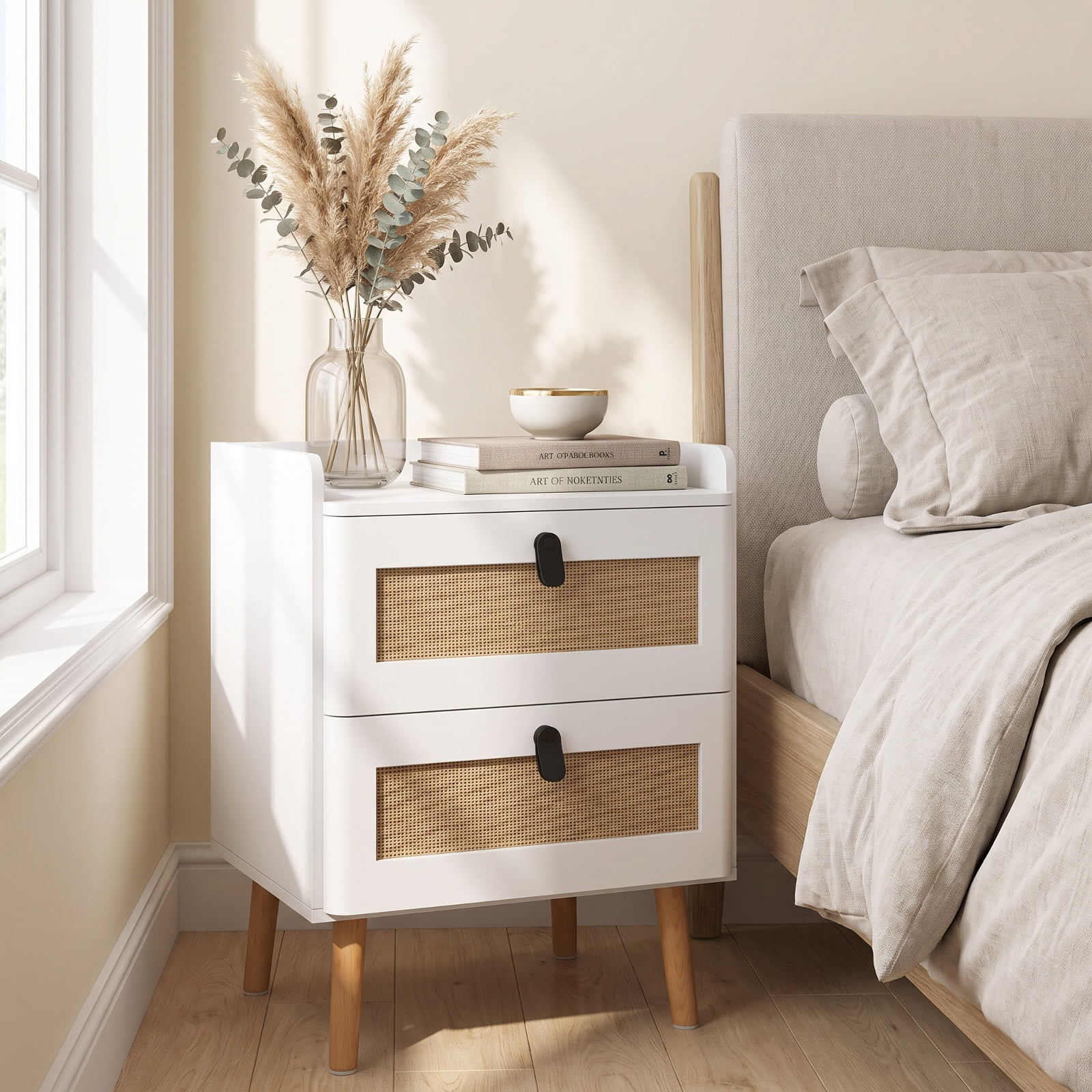 Furnibear Modern End Table Bedside Table with 2 Rattan Decorated Drawers for Bedroom Living Room Bedside Sofa Side Small Space, White