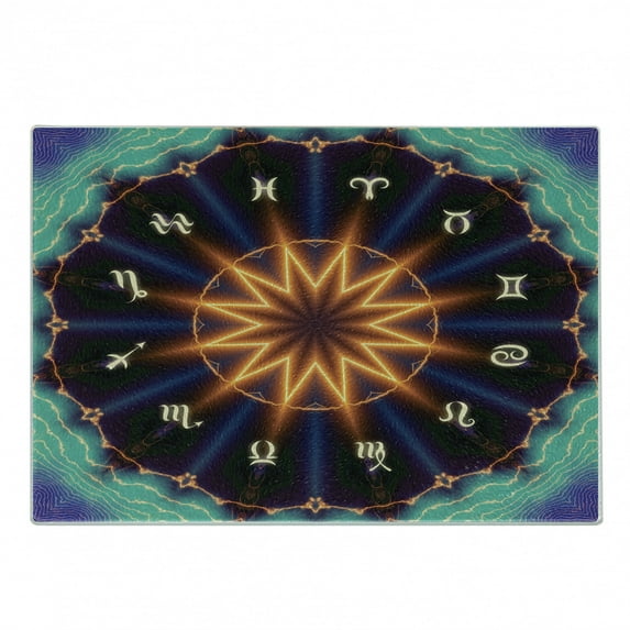 Astral Cutting Board, Horoscope Wheel with Sun Center and Zodiac Signs Mystic Illustration, Decorative Tempered Glass Cutting and Serving Board, in 3 Sizes, by Ambesonne