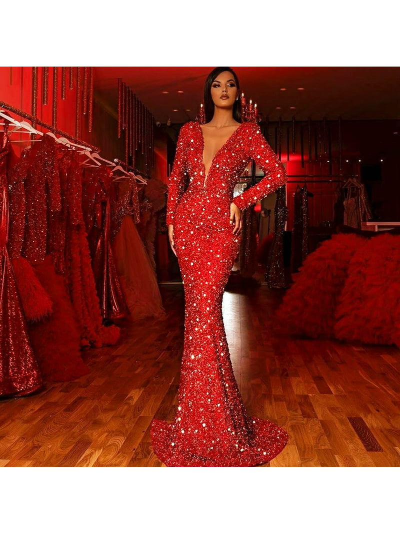 Dadaria Fall Guest Dresses Size Women Solid Sparkling Sequin Dress Deep V-neck Long Fishtail Dress Red L,Women - Walmart.com