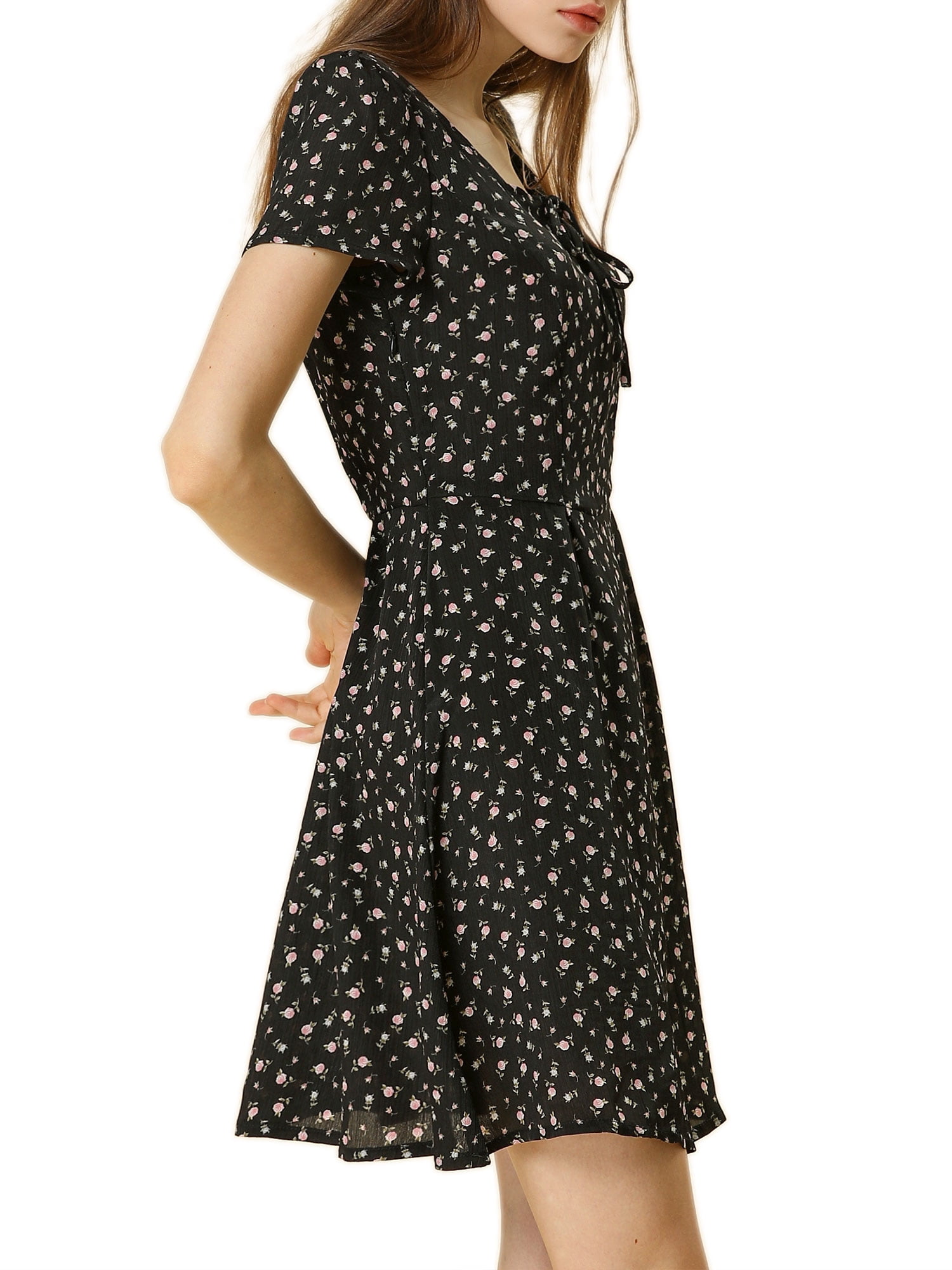 DARING DIVA Square Neck Short Sleeve Print A-Line Dress XL Black-Floral