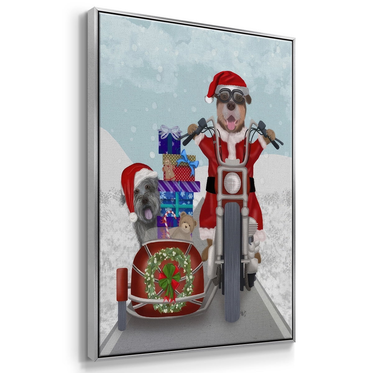 Christmas Mutts Christmas Chopper - Framed Gallery Wrapped Holiday Canvas - 17 x 25 - Silver Frame