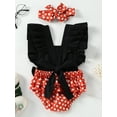 thumbnail image 3 of KiapeiseNewborn Infant Baby Girls Romper Color Contrast Dot Patchwork Ruffle Bowknot Bodysuit+Headband, 3 of 8