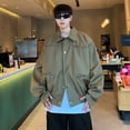 thumbnail image 4 of Chaqueta bomber de solapa de moda coreana para hombre, diseño de bolsillo con cremallera, chaqueta corta universitaria de un solo pecho, abrigo holgado informal vintage, 4 of 5