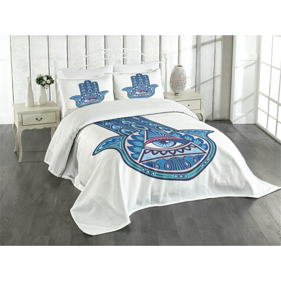 Ambesonne Evil Eye Quilted Bedspread Set 3 Pcs, Vibrant Hamsa Triangle, Queen Size, Blue Turquoise Pink