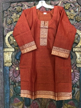 Mogul Women Orange Long Tunic 3/4 Sleeves Cotton Comfy Summer Fashion Ethnic Indian Kurti Dress S/M