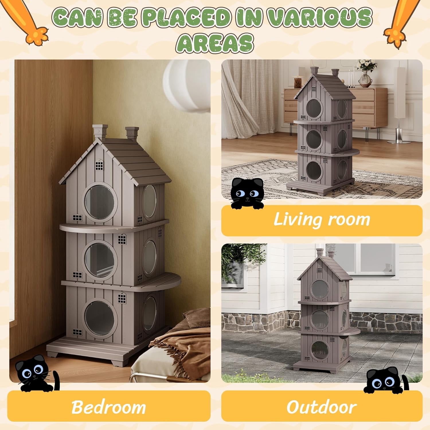 FICARTS Indoor/Outdoor Cat House, Weather-Resistant Pet Shelter with Elevated Base, Multi-Entry Cat Cottage for Feral & Household Cats