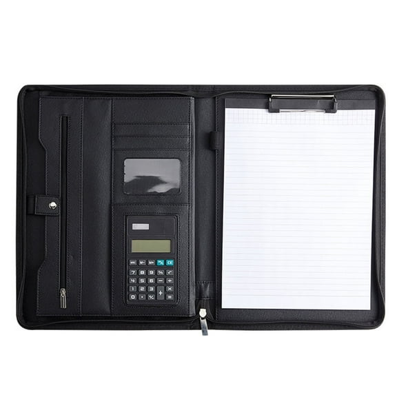 Bopika Leather Business Portfolio with Zipper, Calculator, Card Storage, and Writing Pad, Black