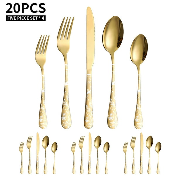 Juego de cubiertos de acero inoxidable de 20 piezas Juego de cubiertos de cubiertos pulidos con espe Meterk Dorado