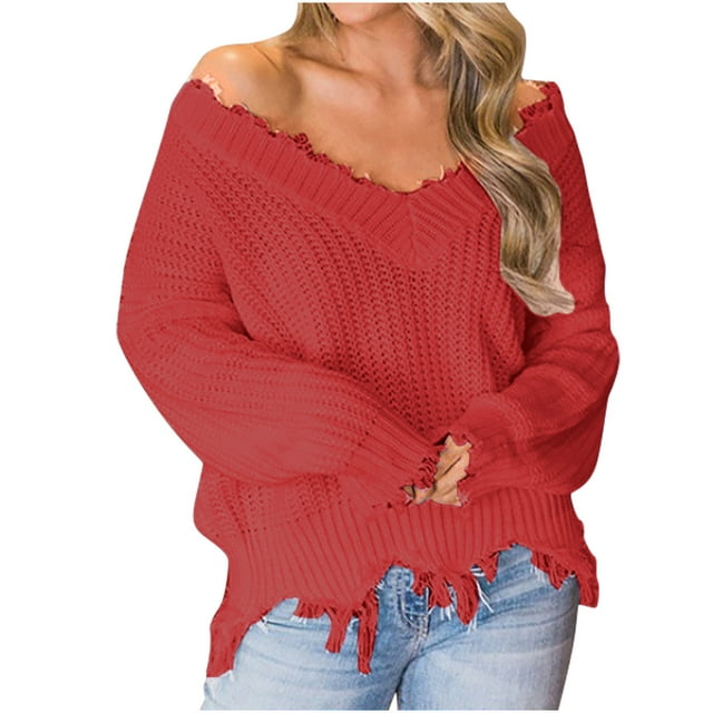 Dagegui Womens Off the Shoulder Sweater Solid V Neck Long Sleeve Loose Knitted Pullover Ripped Crop Top Red,XXL