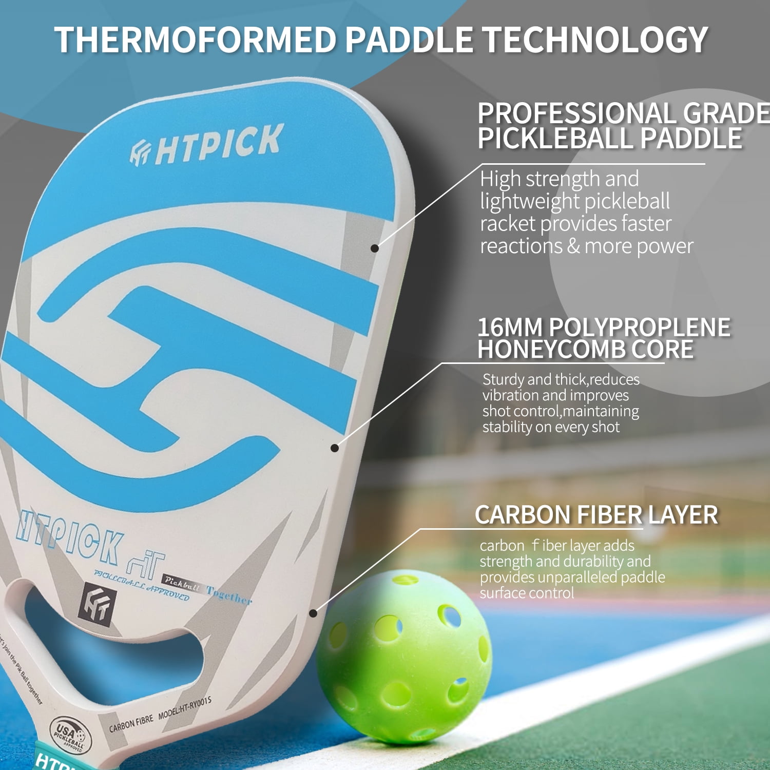 HTPICK Thermoformed Pickleball Paddle - T700 Carbon Fiber Surface, 16mm Honeycomb Core, Blue, USAPA Approved