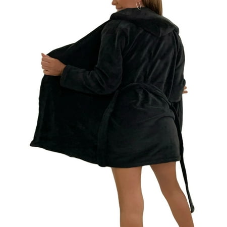 

Women Fleece Hooded Bathrobes Short Kimono Robes Warm Long Sleeve Soft Loungewear Sleepwear Pajamas