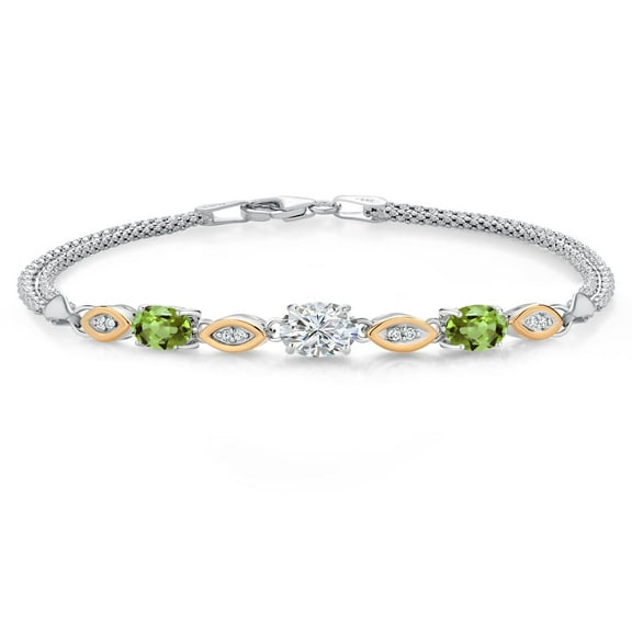 Gem Stone King 925 Silver and 10K Yellow Gold Lab Grown Diamond and Green Peridot Bracelet for Women | 1.78 Cttw | Center Diamond 0.70 Ct | DEF Color | VVS-VS Clarity | Wheat Chain | 7 inches