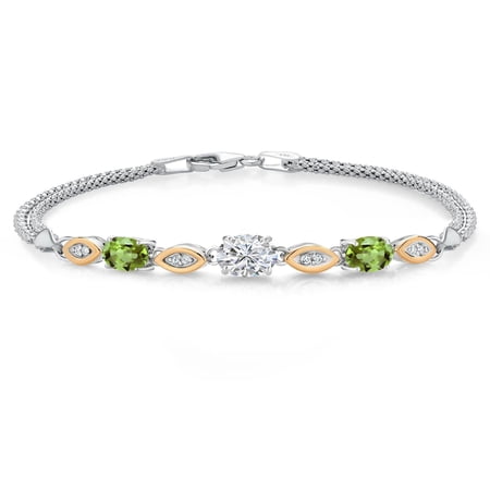 Gem Stone King 925 Silver and 10K Yellow Gold Lab Grown Diamond and Green Peridot Bracelet for Women | 1.78 Cttw | Center Diamond 0.70 Ct | DEF Color | VVS-VS Clarity | Wheat Chain | 7 inches